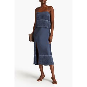 Cinq à Sept Eastwood Fringe Silk-Satin Midi Dress Square Neck Navy Blue Size 8